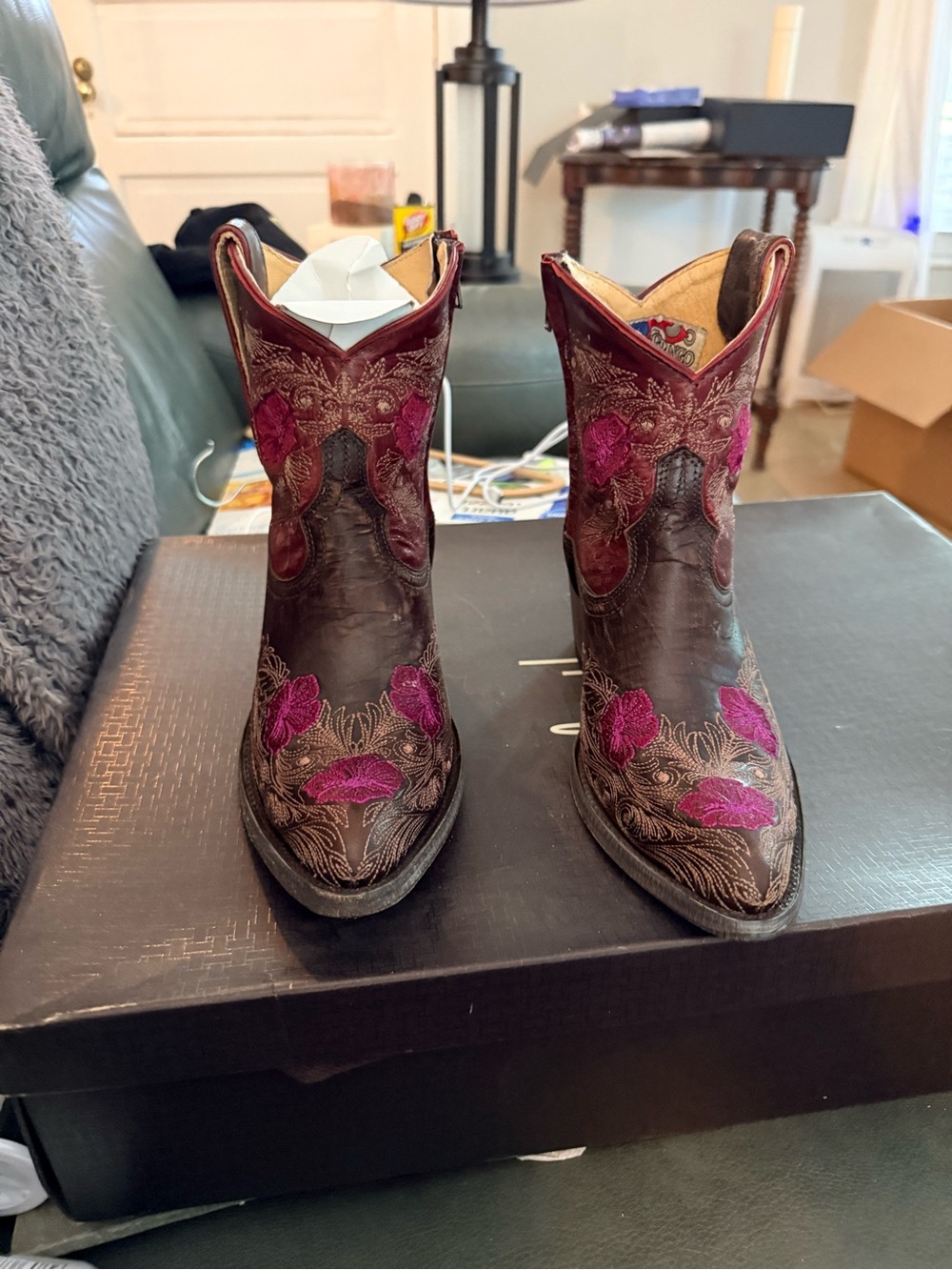 Western Floral Embroidered Ankle Boots - Brown with Magenta Accents